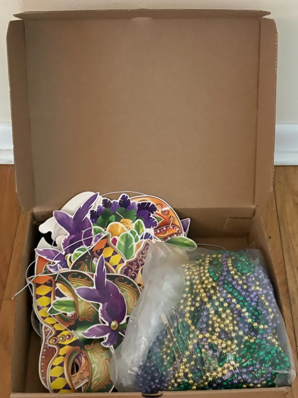 Mardi Gras Party Masks with Purple, Green & Gold Beads